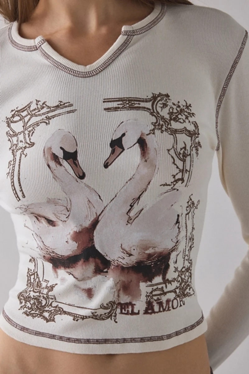 Swan El Amor Graphic Notched V-Neck Long Sleeve Baby Tee