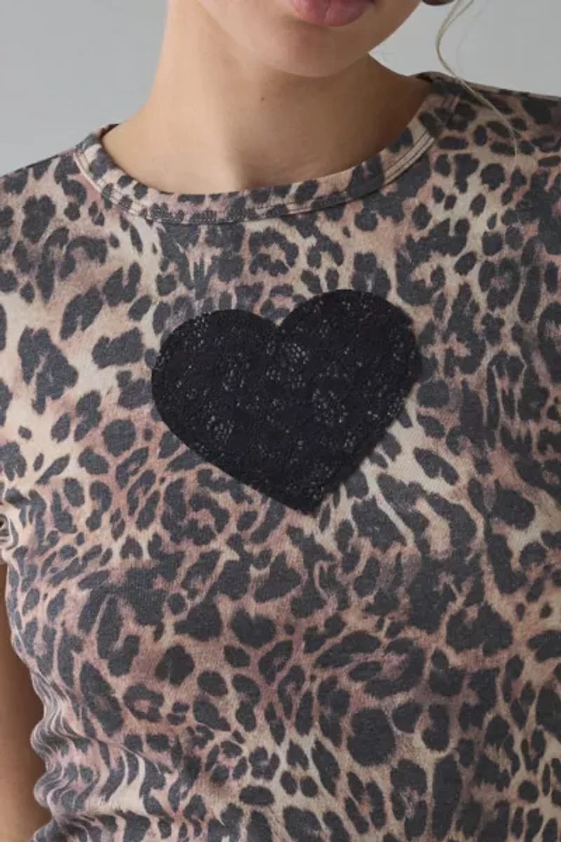 Lace Heart Applique Graphic Leopard Print Baby Tee