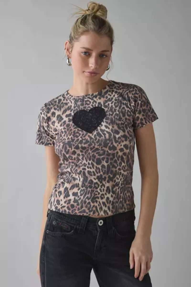 Lace Heart Applique Graphic Leopard Print Baby Tee