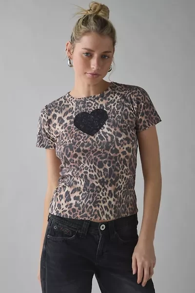 Lace Heart Applique Graphic Leopard Print Baby Tee