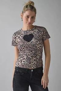 Lace Heart Applique Graphic Leopard Print Baby Tee