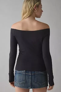 Mavericks Motorcycle Rhinestone Graphic Long Sleeve Off-The-Shoulder Tee