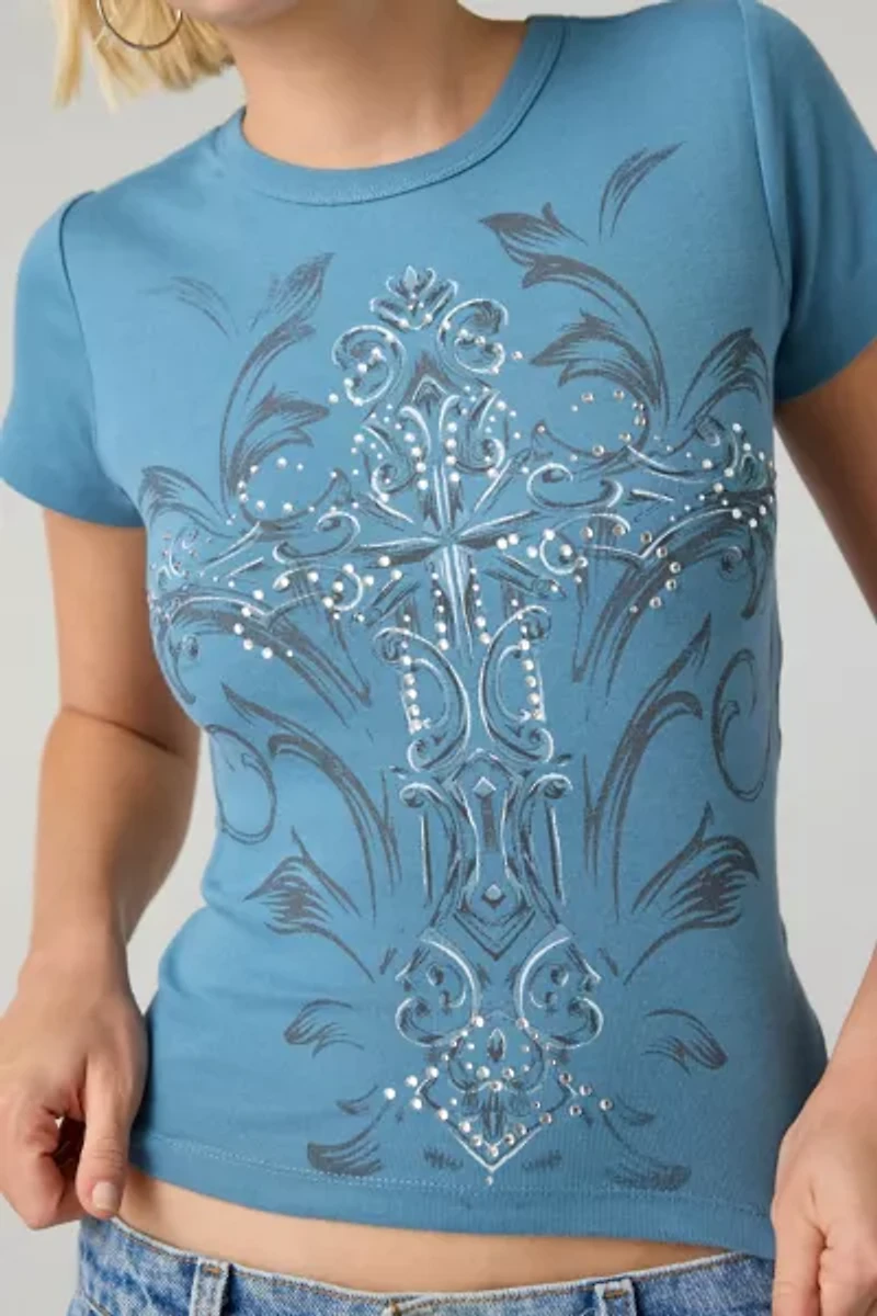 Gothic Cross Rhinestone Graphic Baby Tee