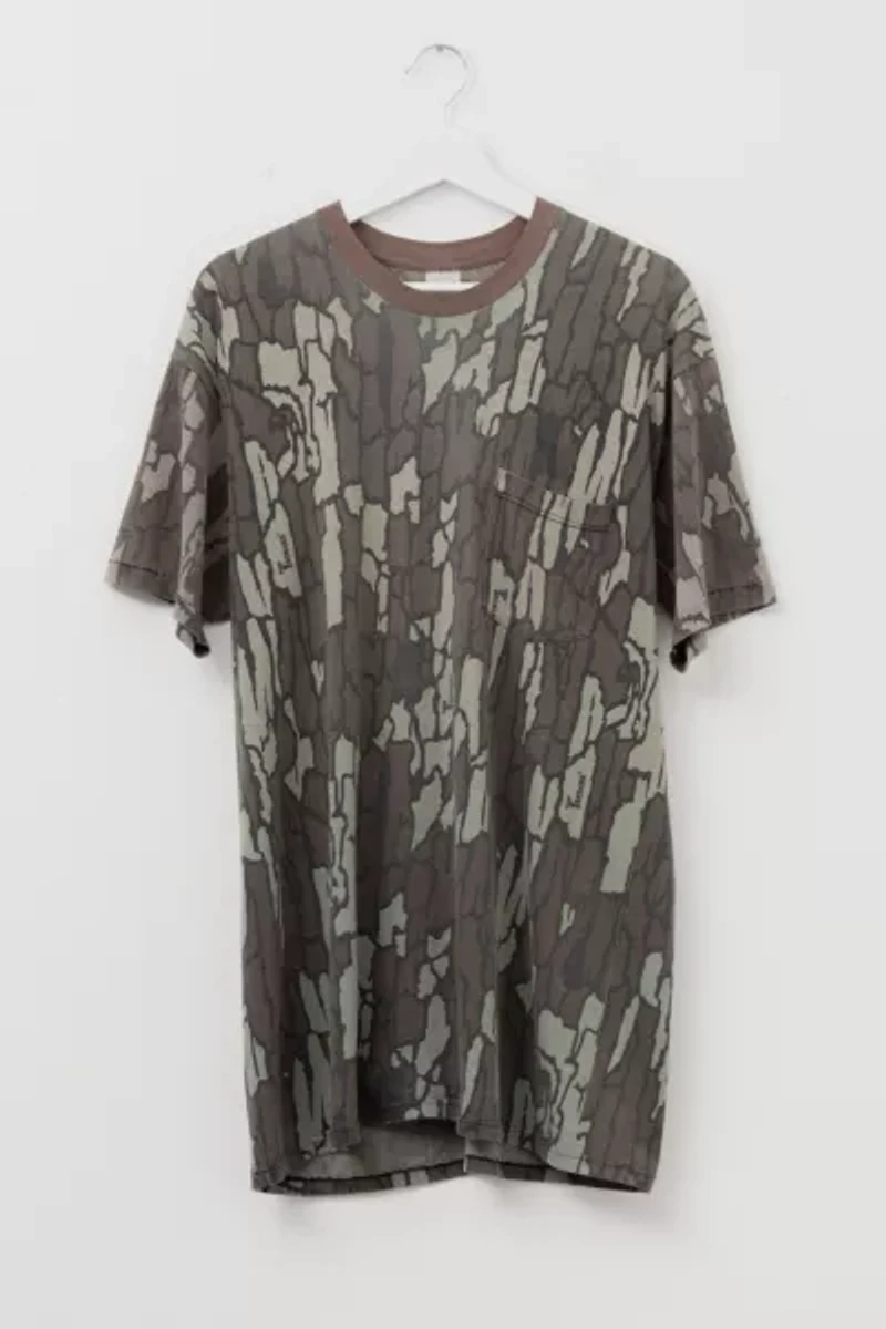 Vintage 1990s Distressed Tree Bark Camo Ringer Pocket T-Shirt