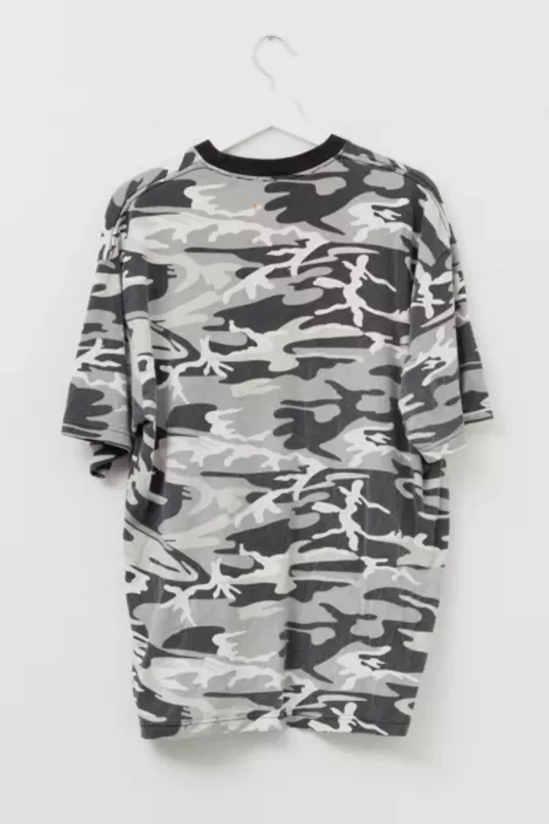 Vintage Y2K Distressed Black and White Camouflage Ringer T-Shirt