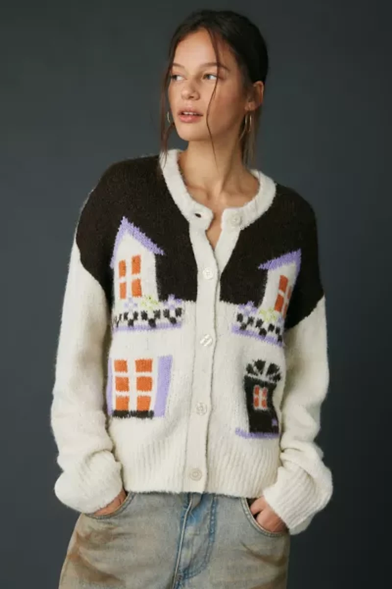 BDG Becca Cottage Printed Brushed Knit Oversized Cardigan