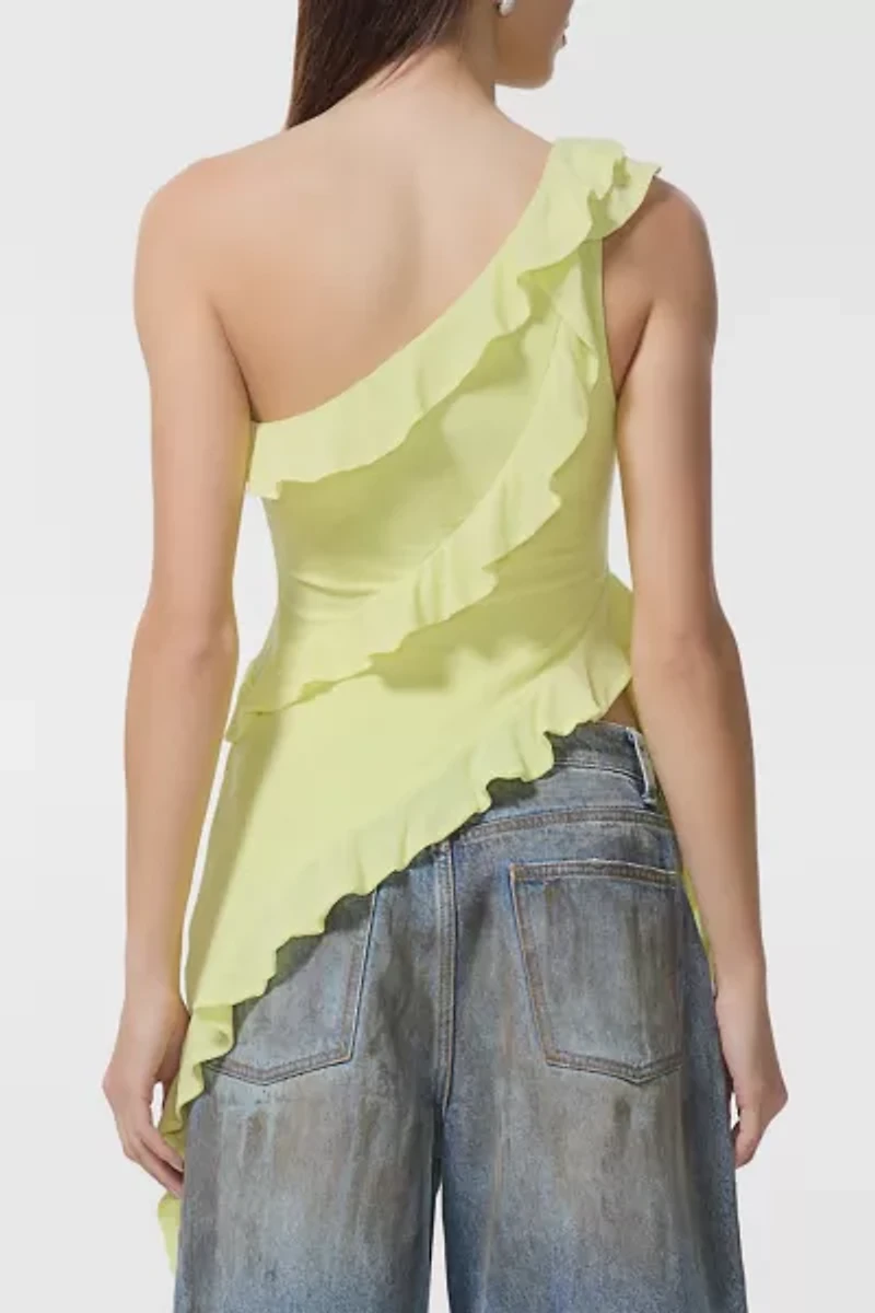AFRM Sunny Lime Vivica Asymmetric Ruffle One-Shoulder Top