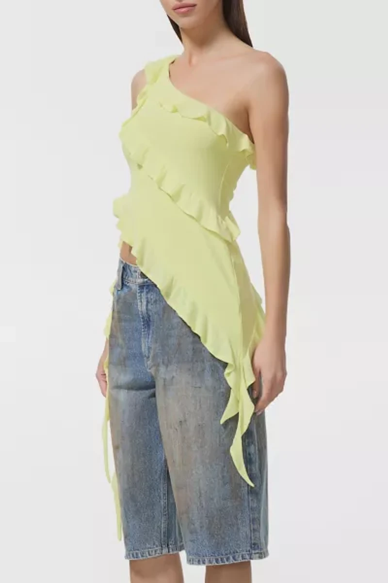 AFRM Sunny Lime Vivica Asymmetric Ruffle One-Shoulder Top