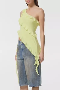 AFRM Sunny Lime Vivica Asymmetric Ruffle One-Shoulder Top