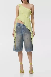 AFRM Sunny Lime Vivica Asymmetric Ruffle One-Shoulder Top