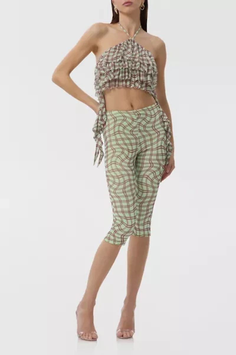 AFRM Mint Plaid Agia Ruffle Halter Crop Top
