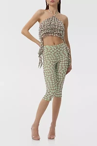 AFRM Mint Plaid Agia Ruffle Halter Crop Top