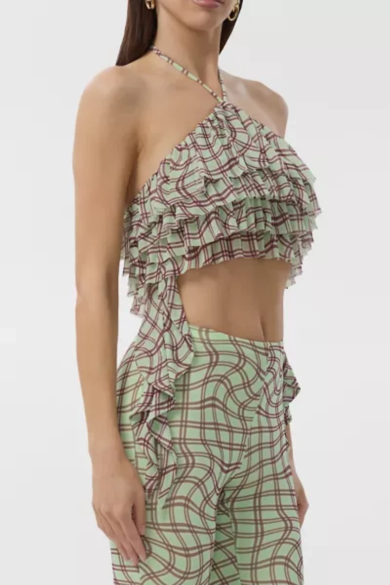 AFRM Mint Plaid Agia Ruffle Halter Crop Top