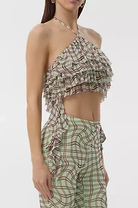 AFRM Mint Plaid Agia Ruffle Halter Crop Top