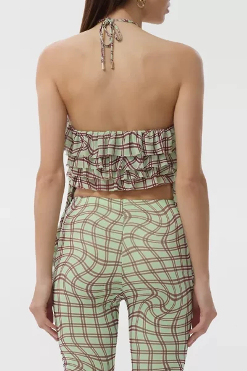AFRM Mint Plaid Agia Ruffle Halter Crop Top