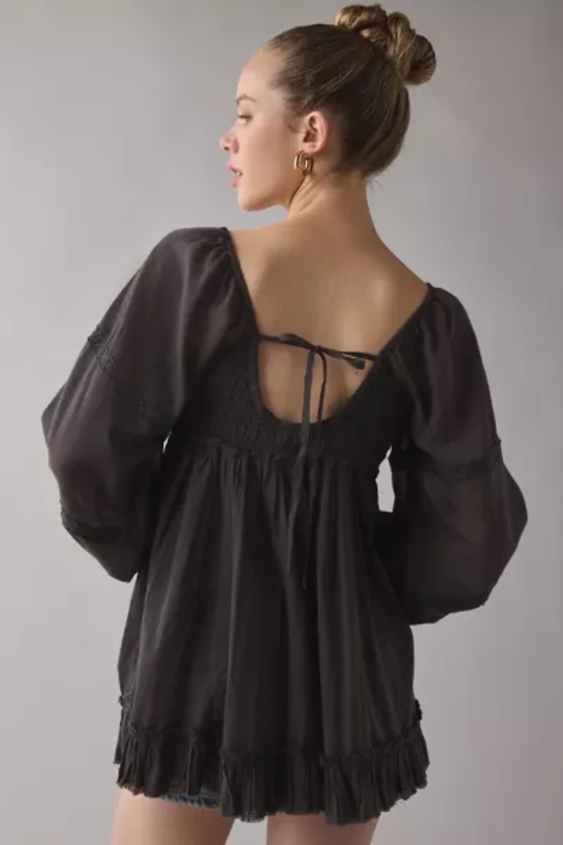 Kimchi Blue Delphine Lace Trim Long Sleeve Babydoll Tunic Top