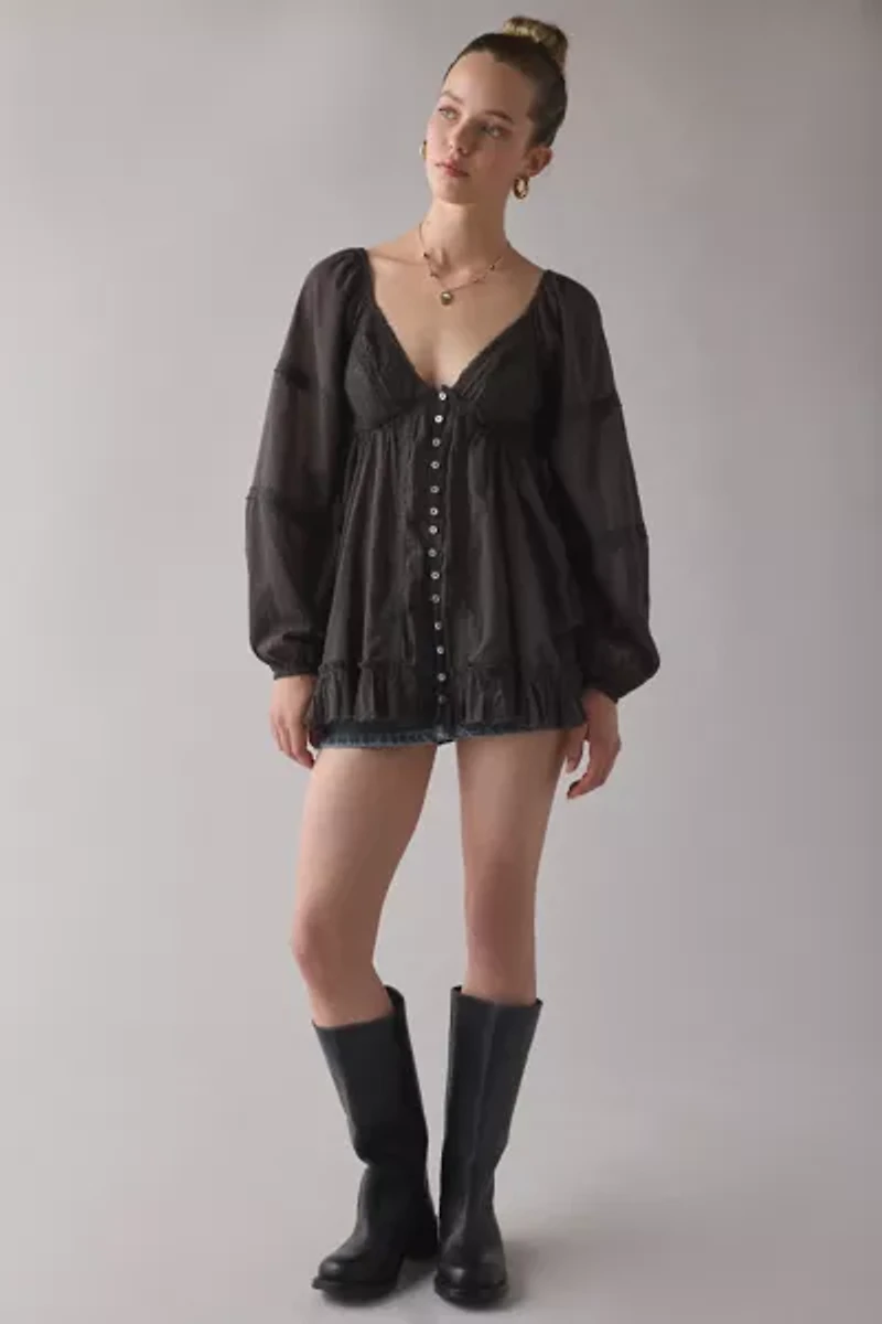 Kimchi Blue Delphine Lace Trim Long Sleeve Babydoll Tunic Top