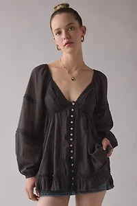 Kimchi Blue Delphine Lace Trim Long Sleeve Babydoll Tunic Top