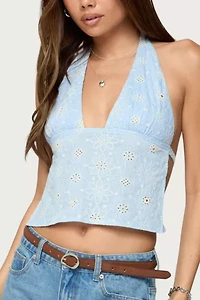 Edikted Floral Eyelet Backless Halter Top