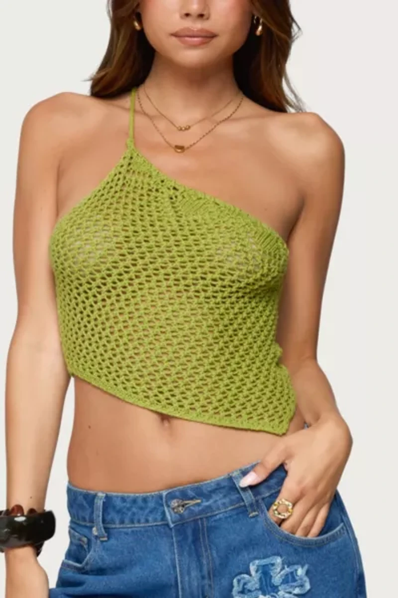 Edikted Daley Asymmetric One Shoulder Crochet Top