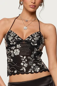 Edikted Nelley Backless Beaded Sequin Chiffon Top