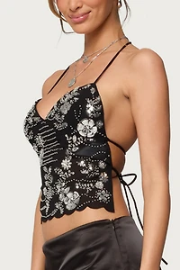 Edikted Nelley Backless Beaded Sequin Chiffon Top