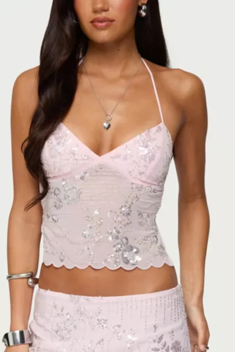 Edikted Nelley Backless Beaded Sequin Chiffon Top