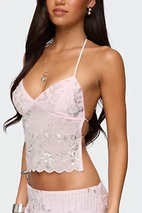 Edikted Nelley Backless Beaded Sequin Chiffon Top