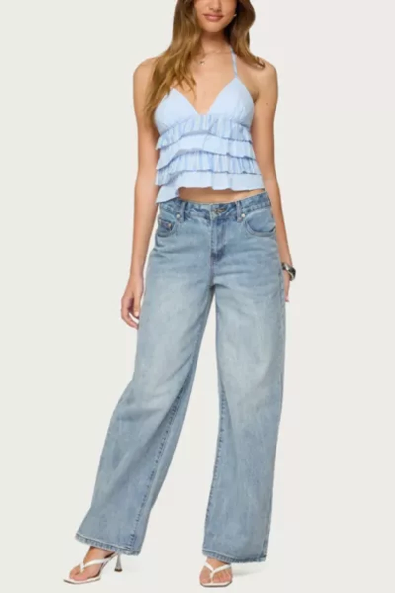 Edikted Tiered Ruffle Backless Striped Halter Top
