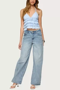 Edikted Tiered Ruffle Backless Striped Halter Top