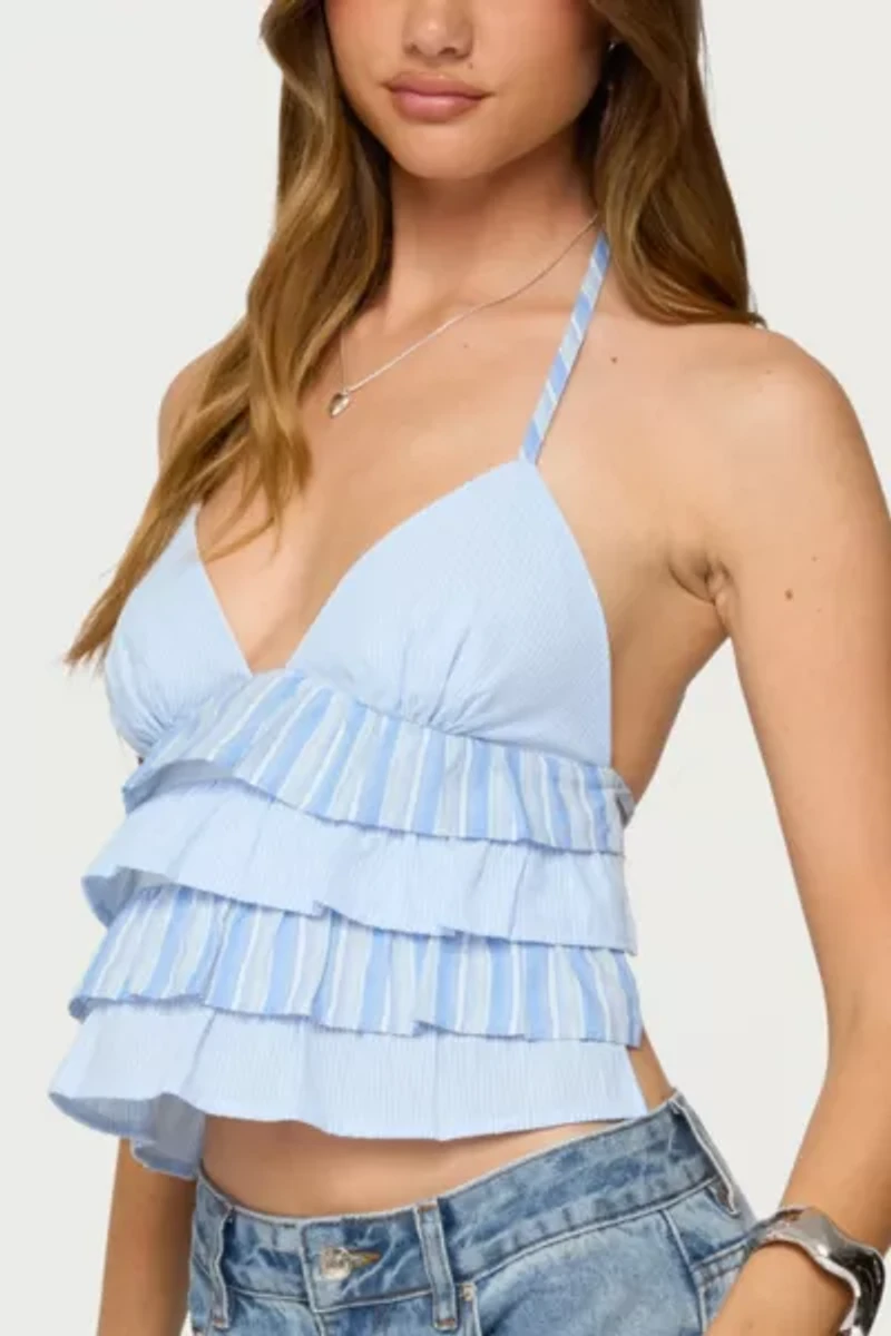 Edikted Tiered Ruffle Backless Striped Halter Top
