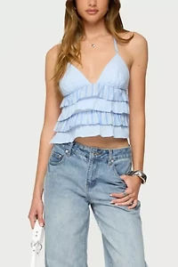 Edikted Tiered Ruffle Backless Striped Halter Top