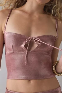 UO Melody Metallic Tie-Front Keyhole Cutout Cropped Tank Top