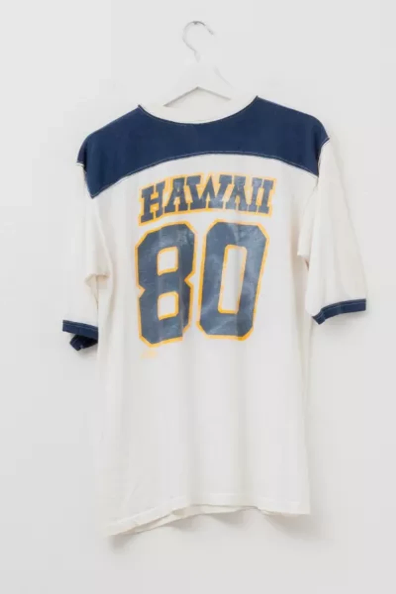 Vintage 1980s Distressed Hawaii Graphic Football Jersey T-Shirt