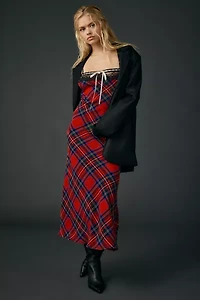 UO Plaid For You Lace Trim Slip Midi Dress