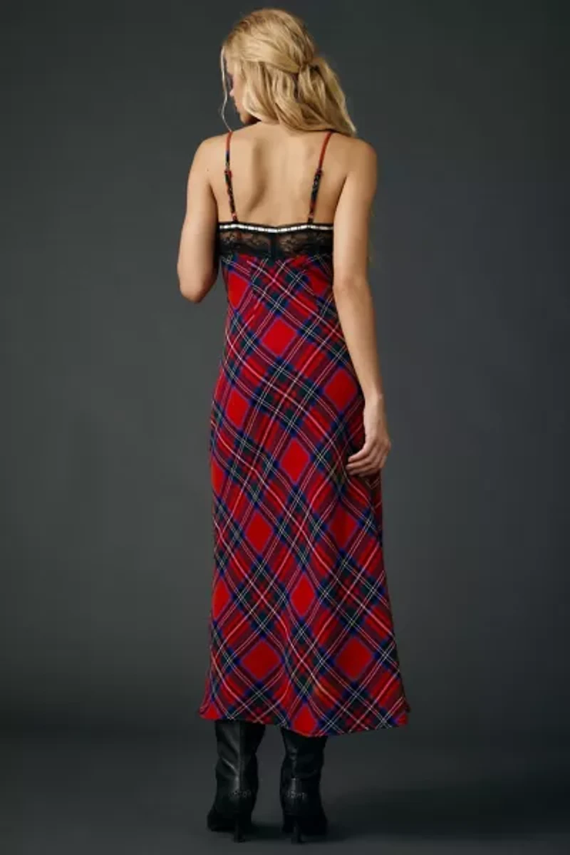 UO Plaid For You Lace Trim Slip Midi Dress