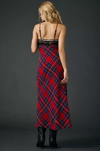 UO Plaid For You Lace Trim Slip Midi Dress