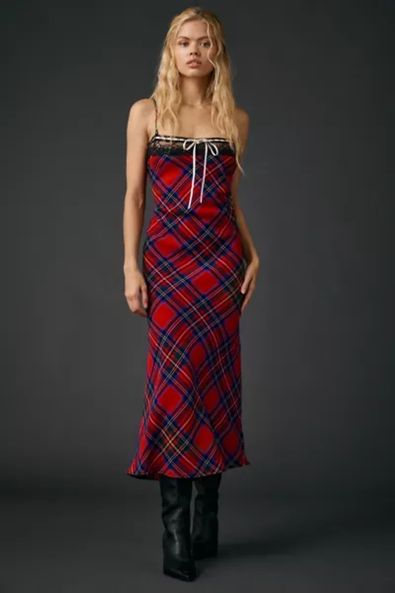 UO Plaid For You Lace Trim Slip Midi Dress