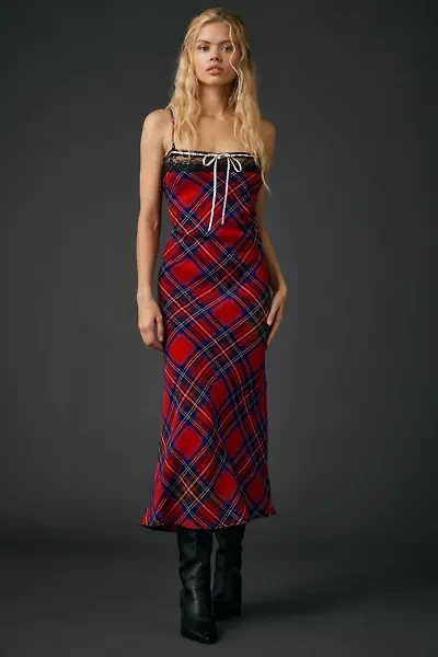 UO Plaid For You Lace Trim Slip Midi Dress