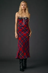 UO Plaid For You Lace Trim Slip Midi Dress