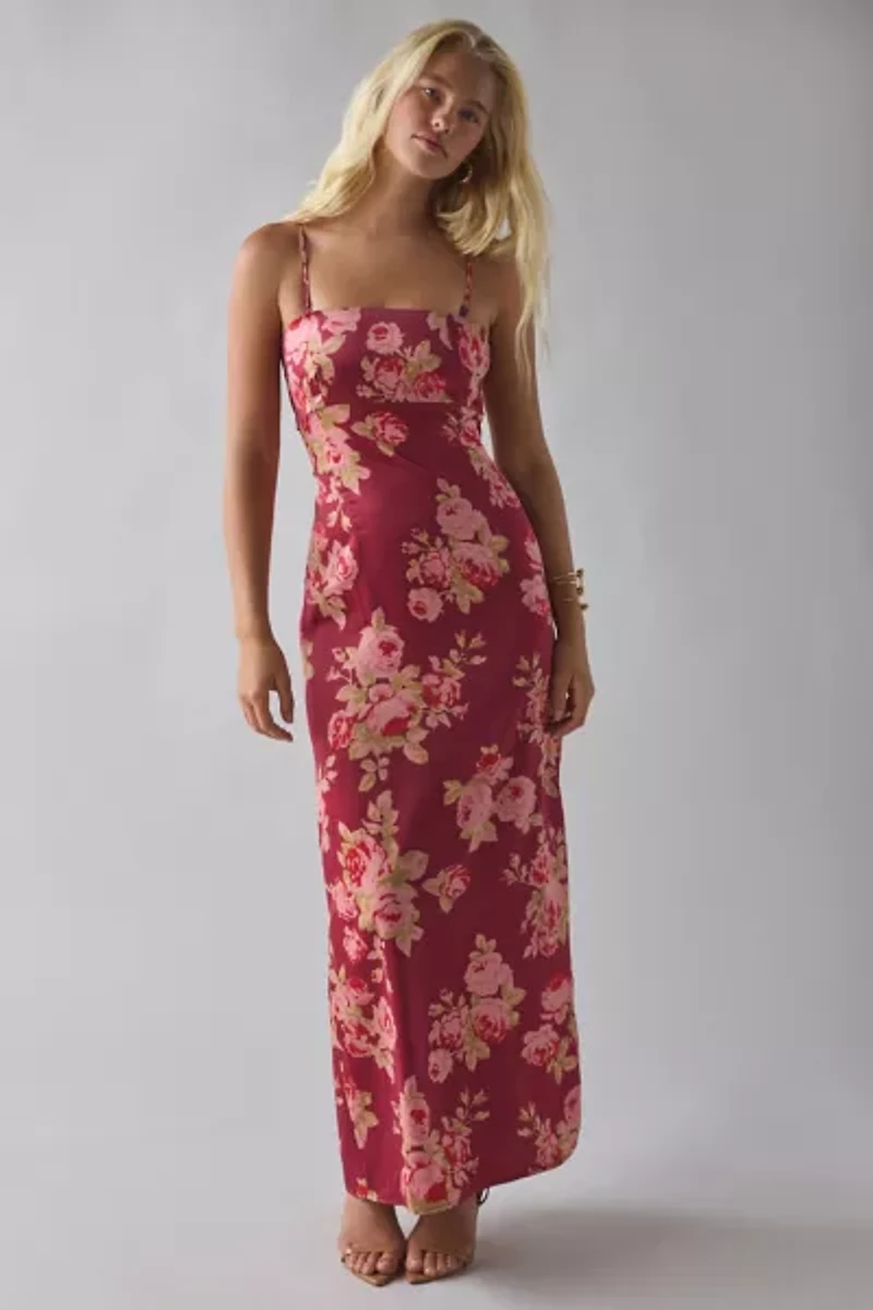UO Mira Keyhole Cutout Tie-Back Satin Slip Maxi Dress