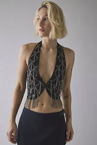 UO Aquamarine Beaded Fringe Halter Vest Top