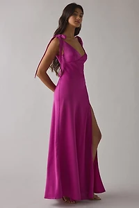 UO Night To Remember Plunging Tie-Strap Satin Maxi Dress