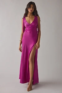 UO Night To Remember Plunging Tie-Strap Satin Maxi Dress