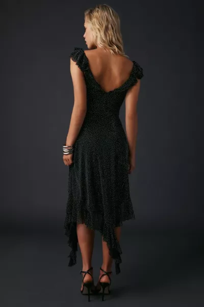 UO Hyacinth Rhinestone Studded Asymmetric Ruffle Midi Dress