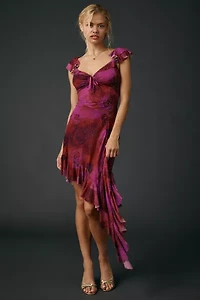 UO Hyacinth Rhinestone Studded Asymmetric Ruffle Midi Dress