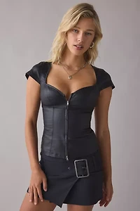 UO Blind Date Zip-Front Short Sleeve Denim Corset Top