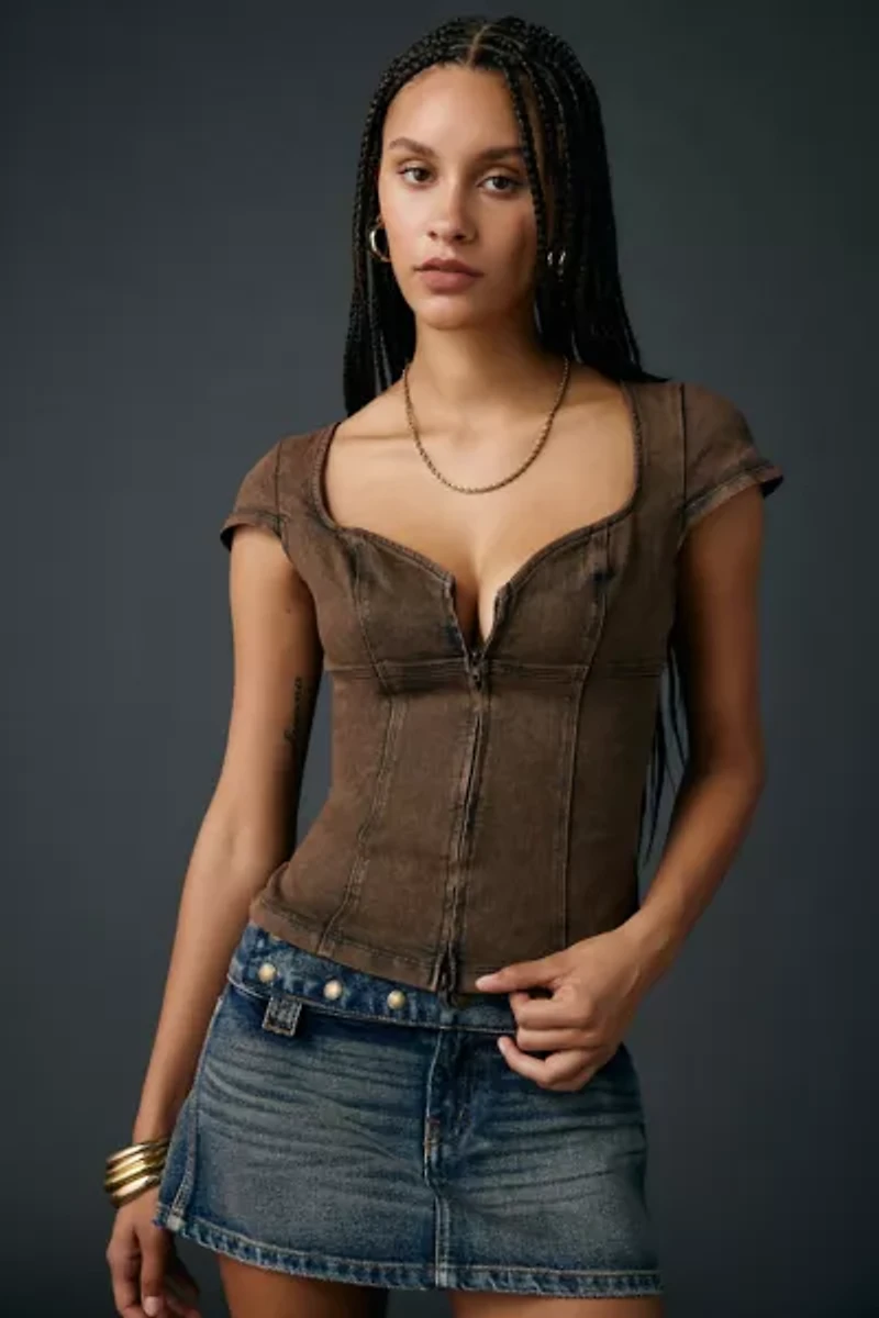 UO Blind Date Zip-Front Short Sleeve Denim Corset Top