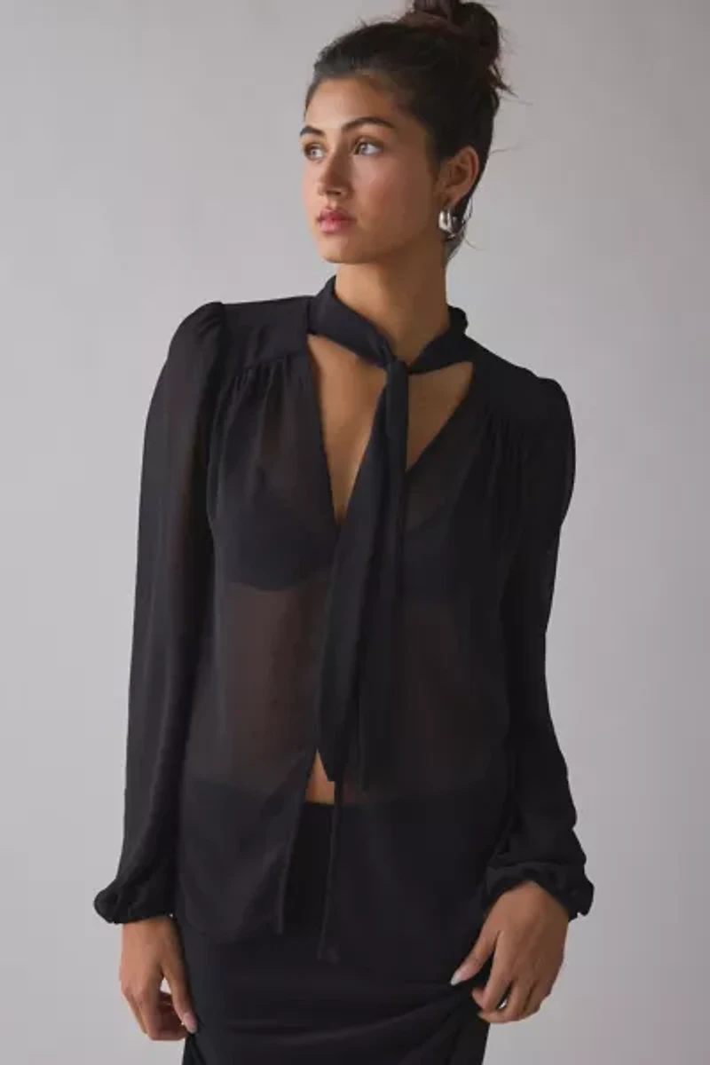 UO Up All Night Sheer Tie-Front Bow Flyaway Blouse