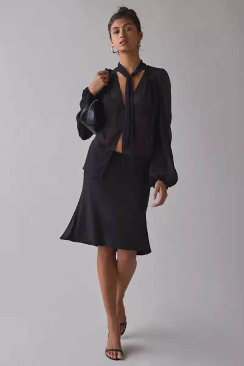 UO Up All Night Sheer Tie-Front Bow Flyaway Blouse